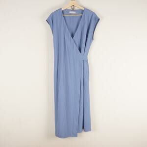 Everlane Japanese GoWeave Short Sleeve Wrap Blue Midi Dress Womens Sz 14